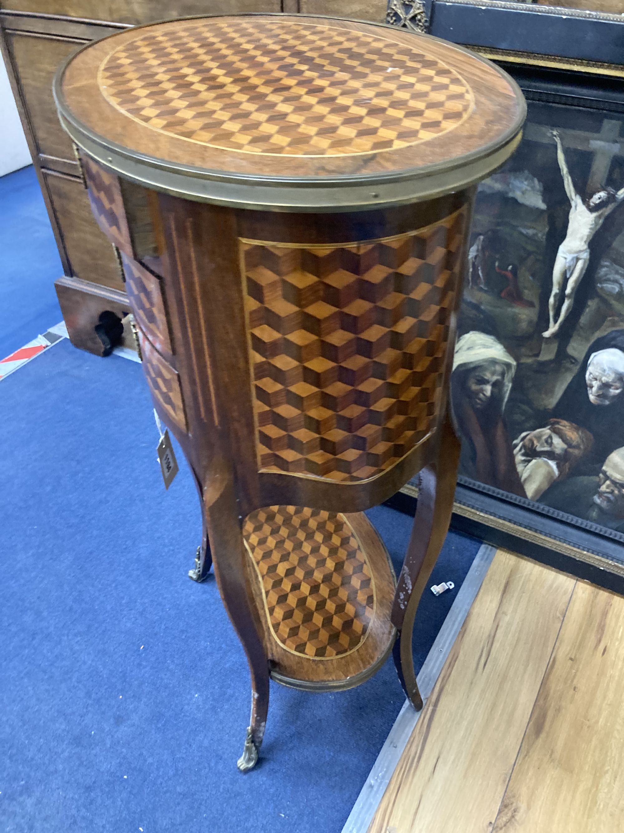 A late 19th century French Louis XV style kingwood, parquetry and ormolu mounted side table, width 49cm, depth 35cm, height 81cm